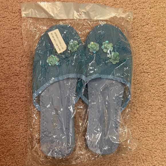 Blue Slide Slippers with Floral Accents - Picture 1 of 4